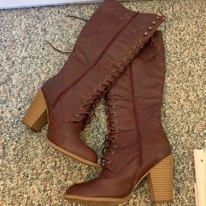 Burgundy lace up heeled boots